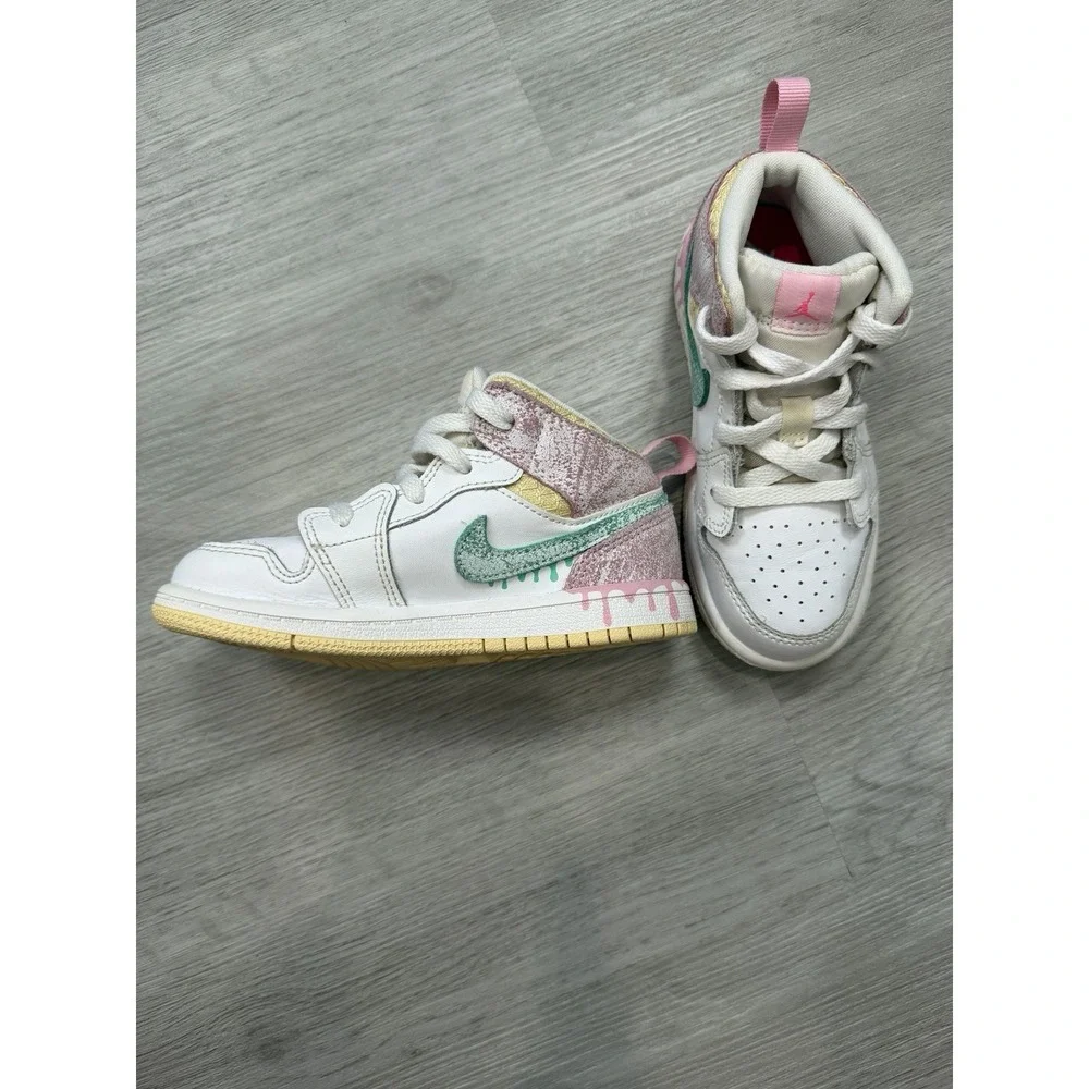 Nike Air Jordan 1 Shoes Mid Paint Drip Ice Cream White Pink Kids 9C Sneakers